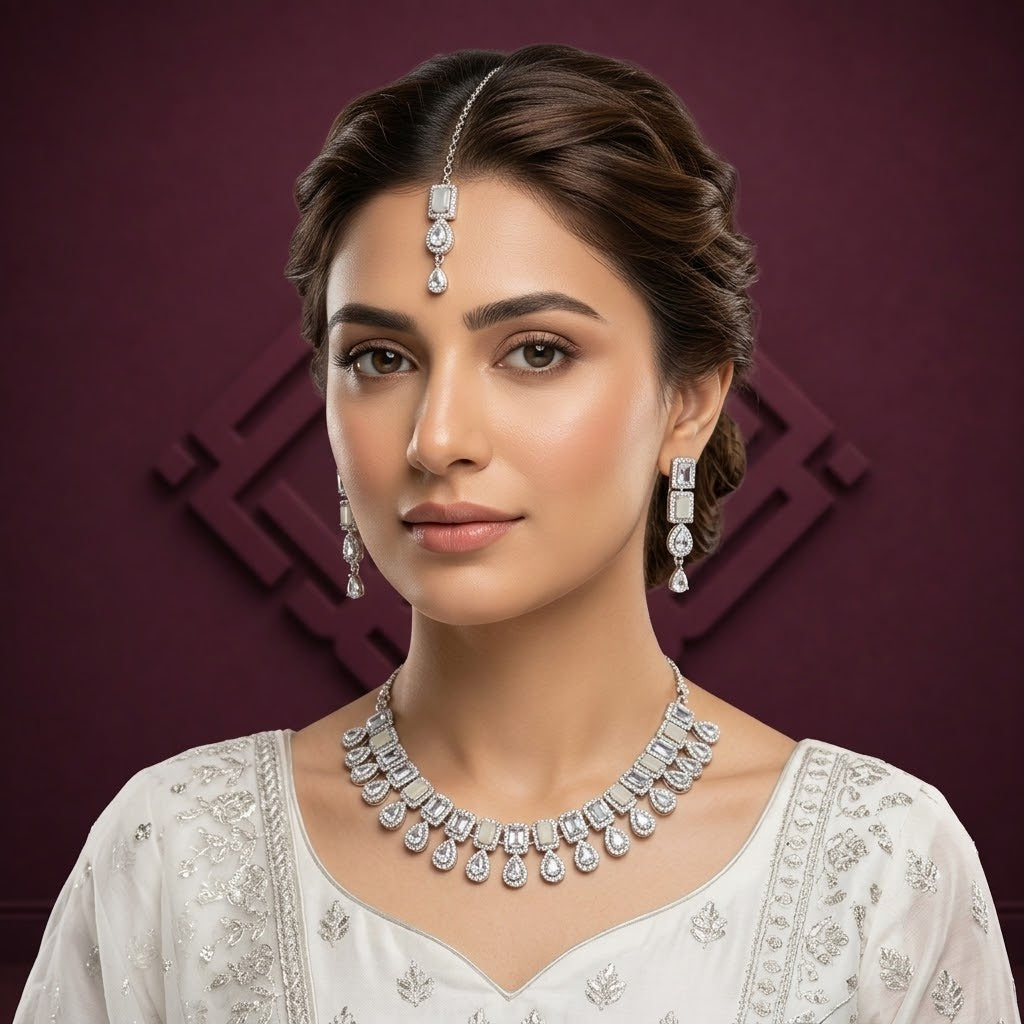 Silver Crystal Statement Necklace Set