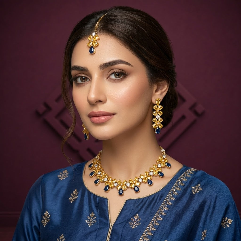 Blue & Gold Floral Necklace Set