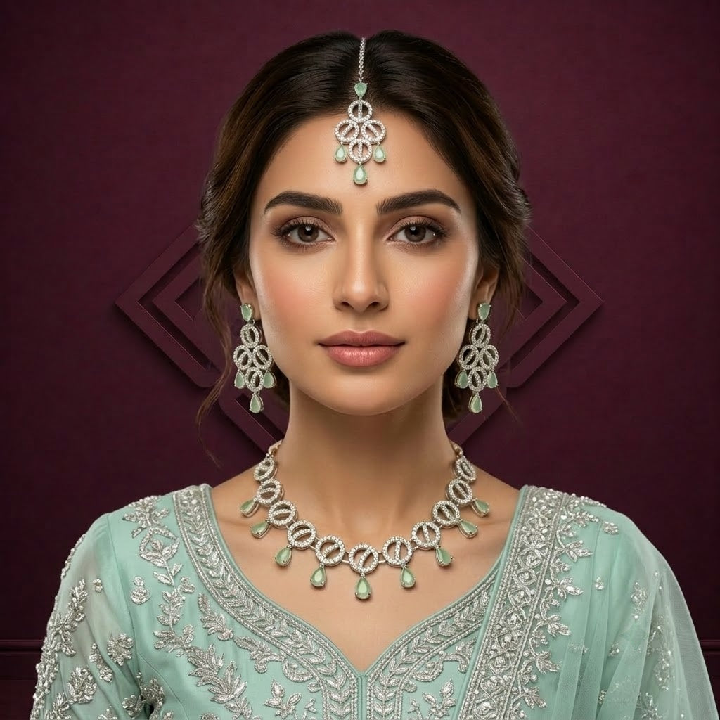 Mint Green & Silver Crystal Necklace Set