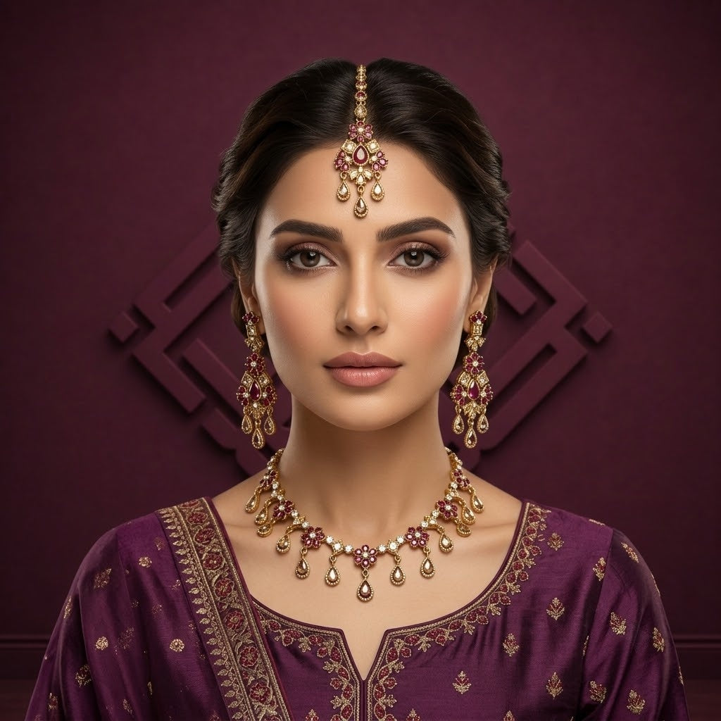 Maroon & Gold Teardrop Necklace Set
