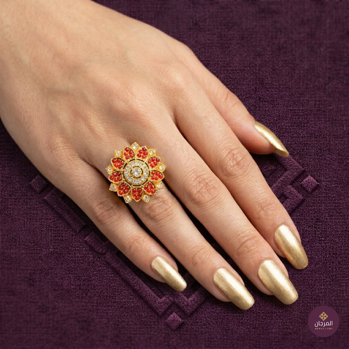Red Floral Gold Statement Ring