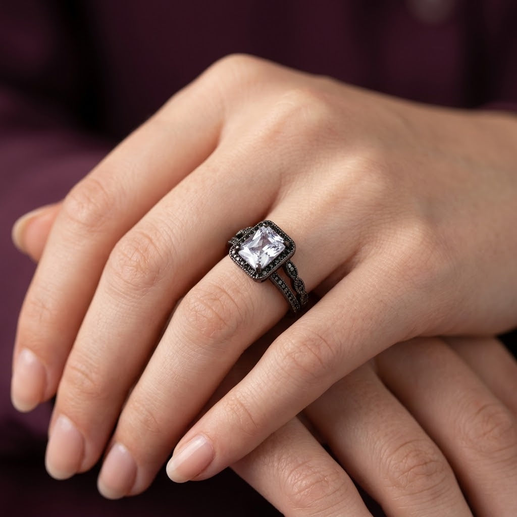 Midnight Eclipse Princess Cut Zirconia Adjustable Ring