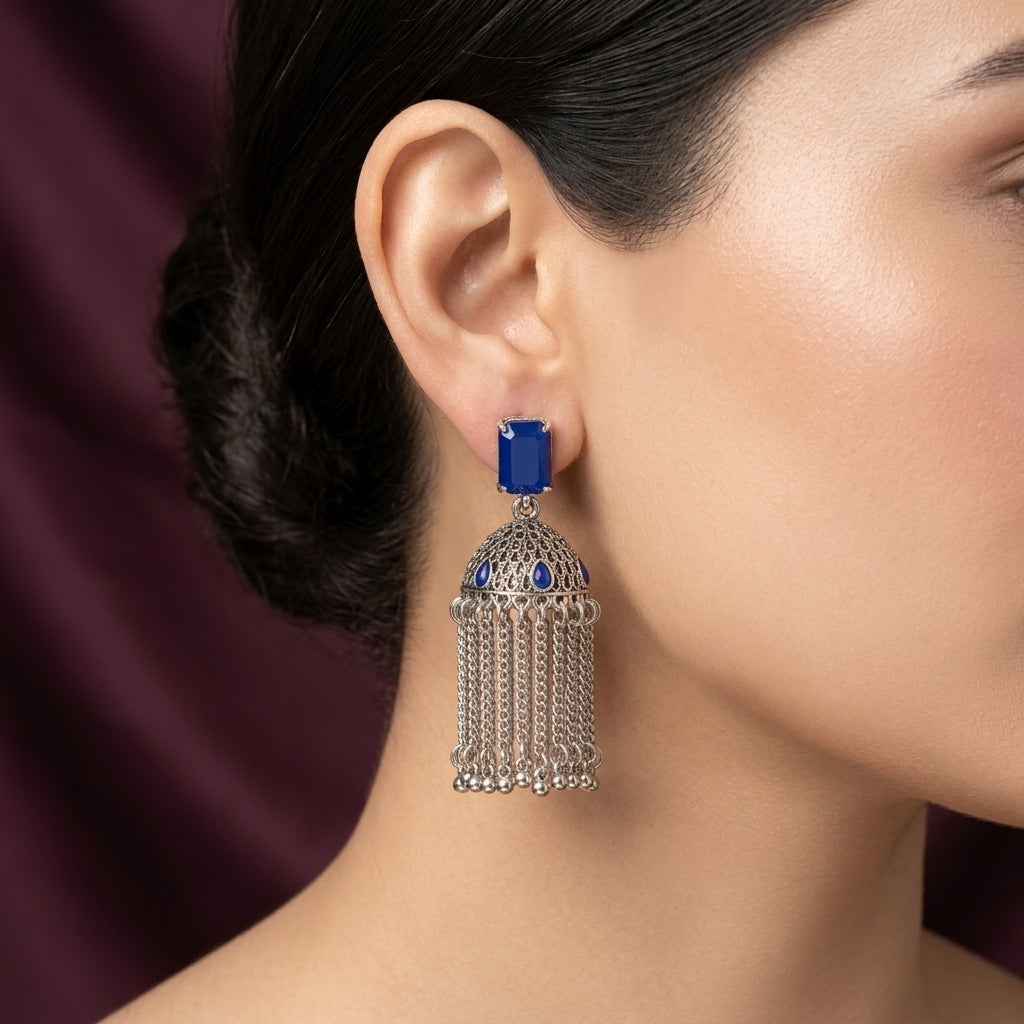 Antique Silver Crystal Chandelier Jhumka Earrings