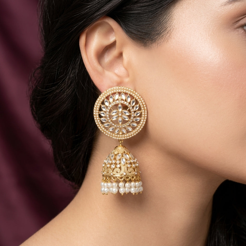 Imperial Floral Chandbali Kundan Jhumkas