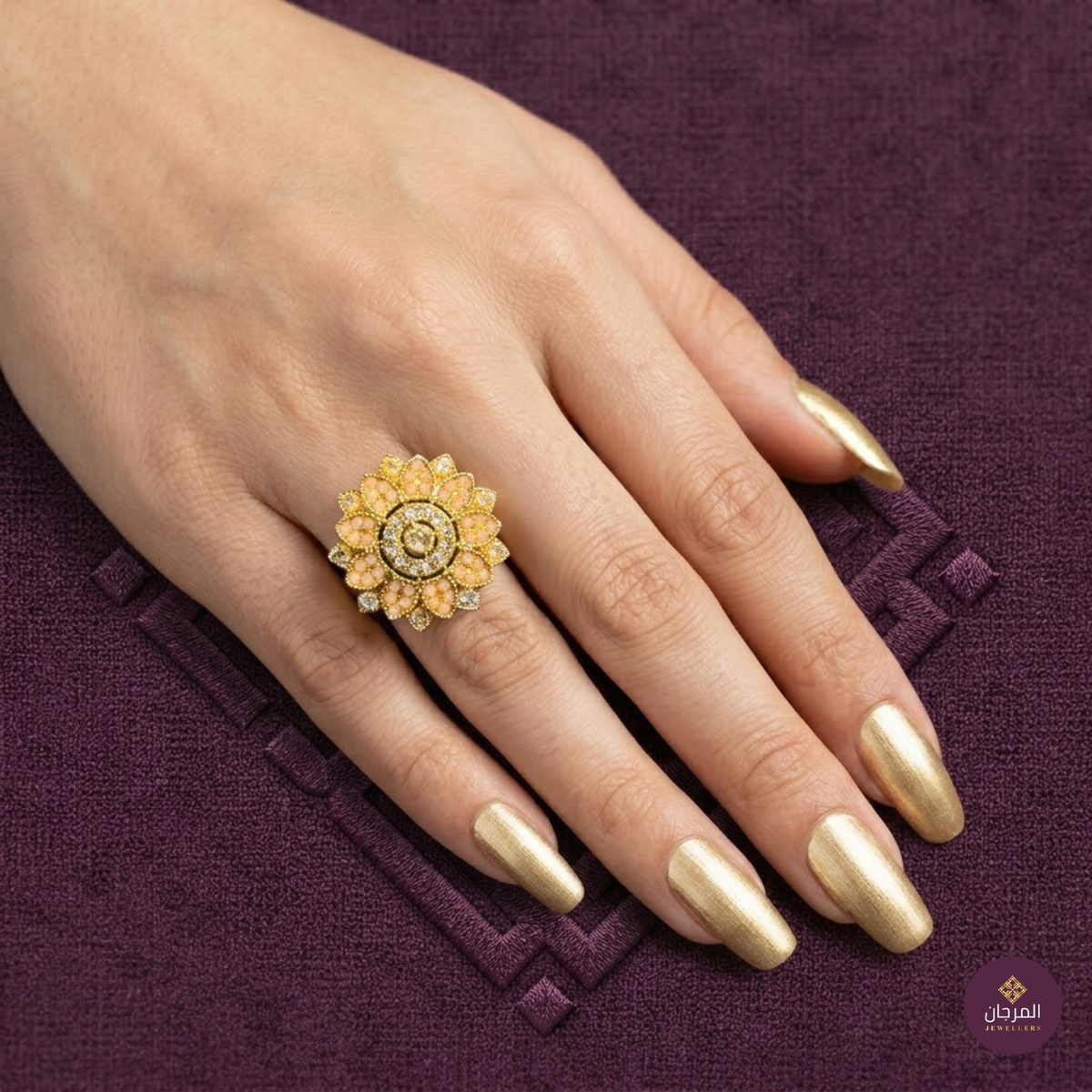 Peach Floral Gold Statement Ring