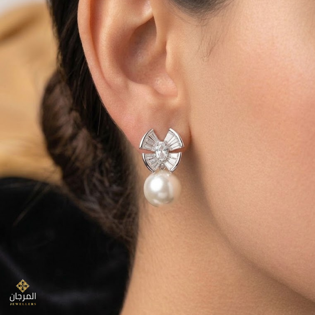 Art Deco Fan & Pearl Zirconia Stud Earrings