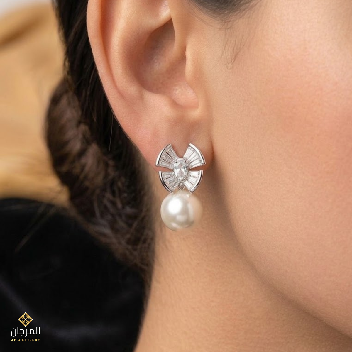 Art Deco Fan & Pearl Zirconia Stud Earrings