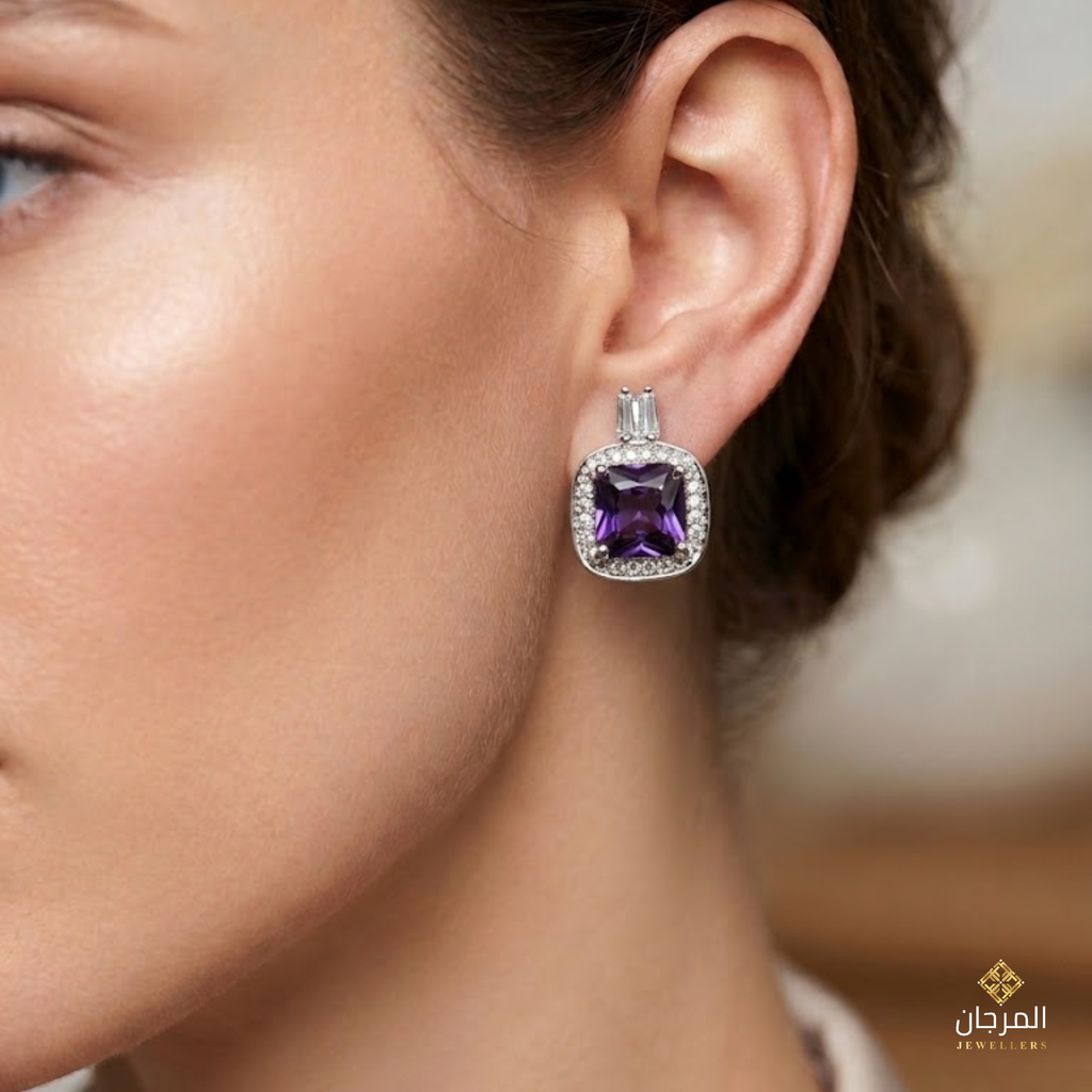 Royal Amethyst Cushion Zirconia Stud Earrings