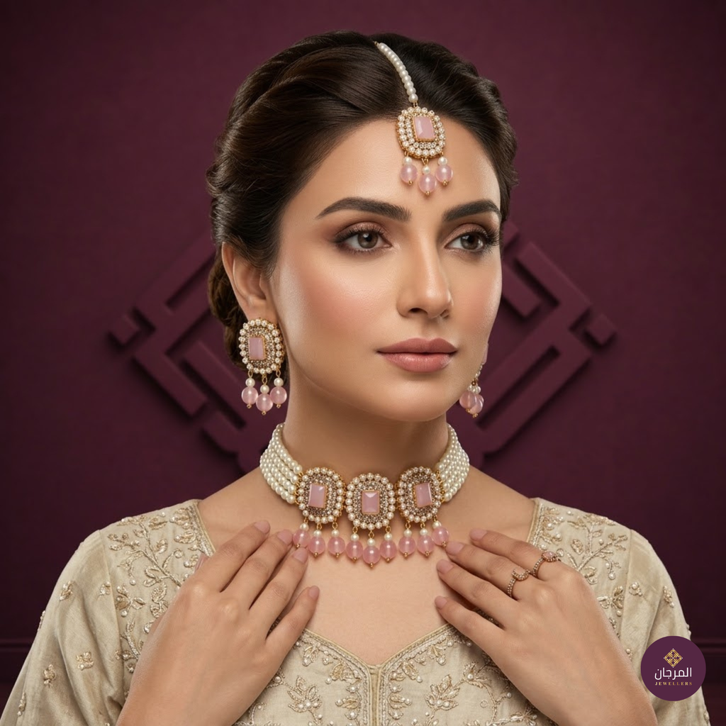 Pink Kundan Pearl Necklace Set