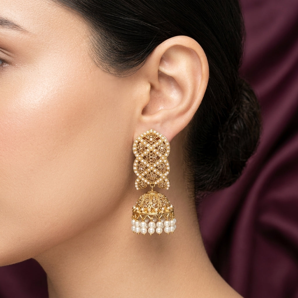 Traditional Criss-Cross Lattice Kundan Jhumkas