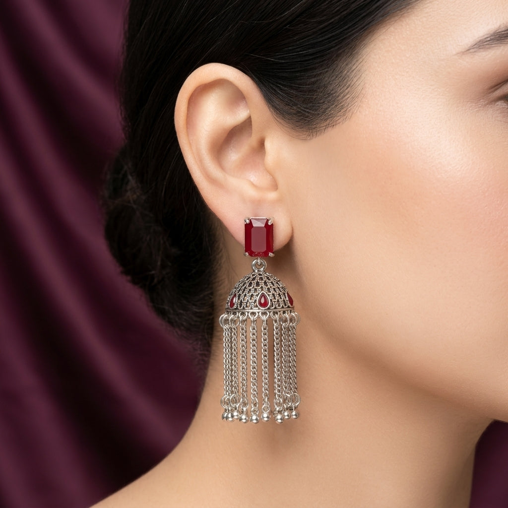 Antique Silver Crystal Chandelier Jhumka Earrings