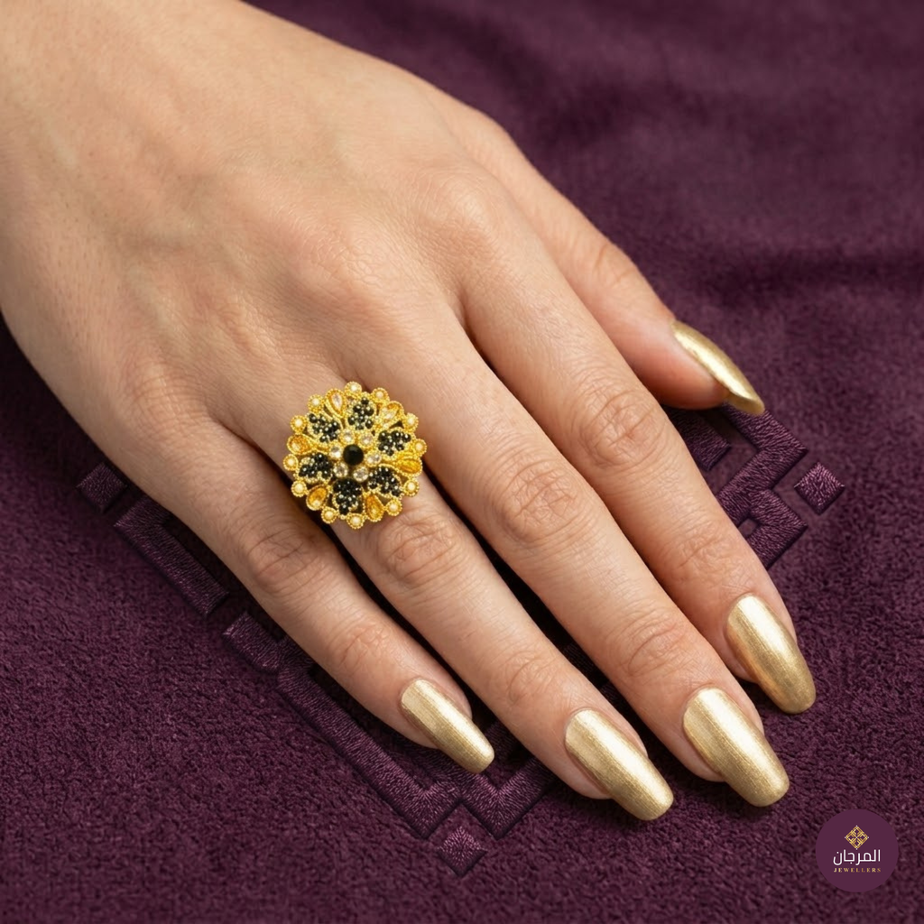 Golden Black Floral Statement Ring
