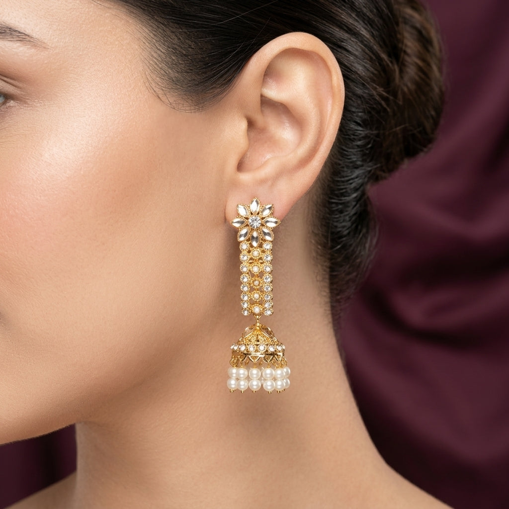 Graceful Floral Linear Kundan Jhumka Earrings