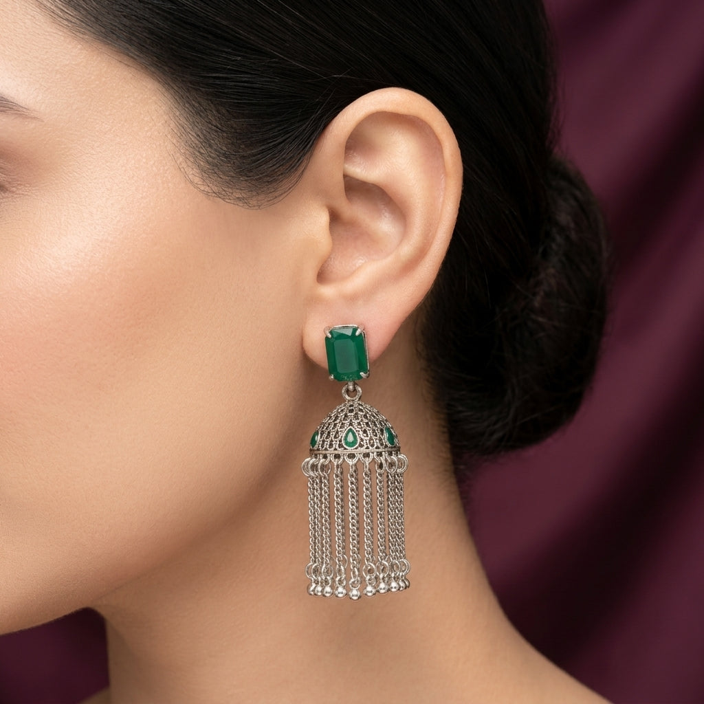 Antique Silver Crystal Chandelier Jhumka Earrings