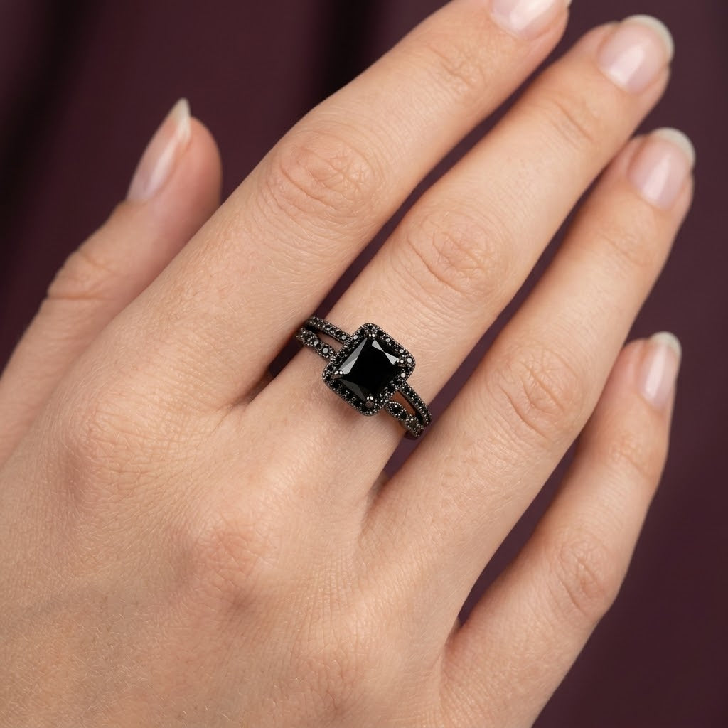 Midnight Eclipse Princess Cut Zirconia Adjustable Ring