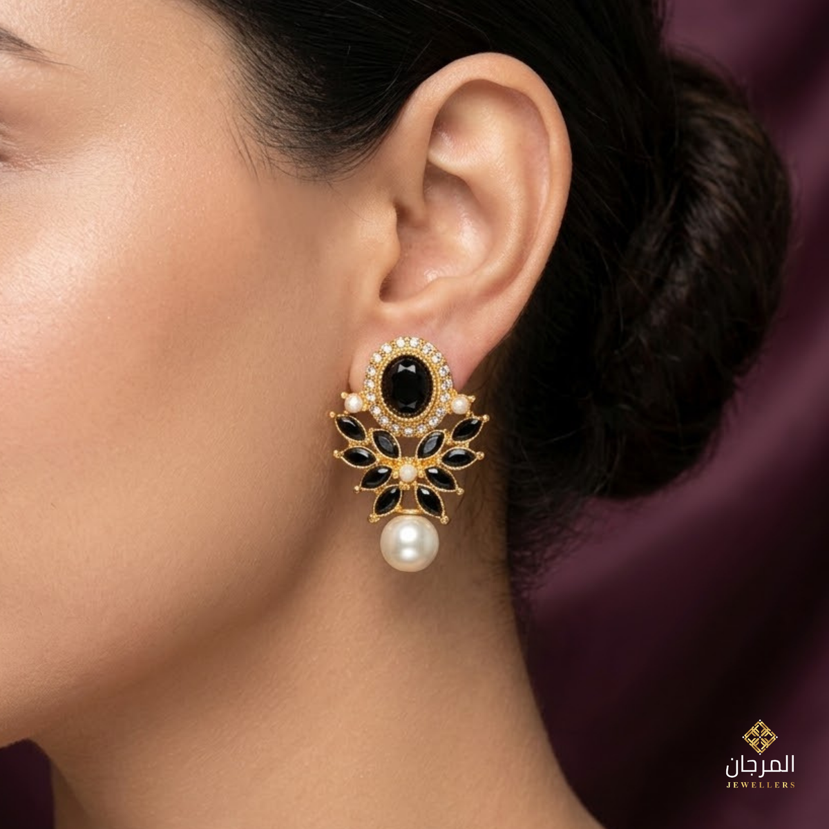 Midnight Onyx & Pearl Marquise Drop Stud Earrings