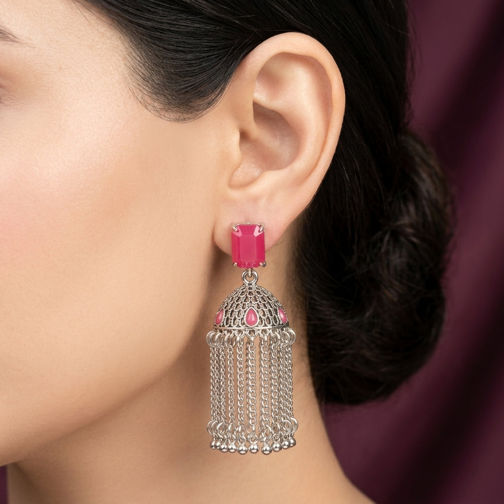 Antique Silver Crystal Chandelier Jhumka Earrings