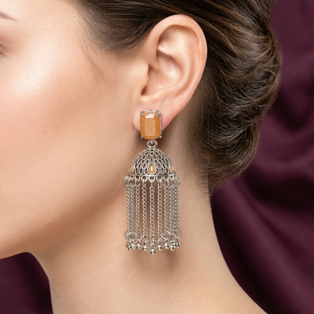 Antique Silver Crystal Chandelier Jhumka Earrings
