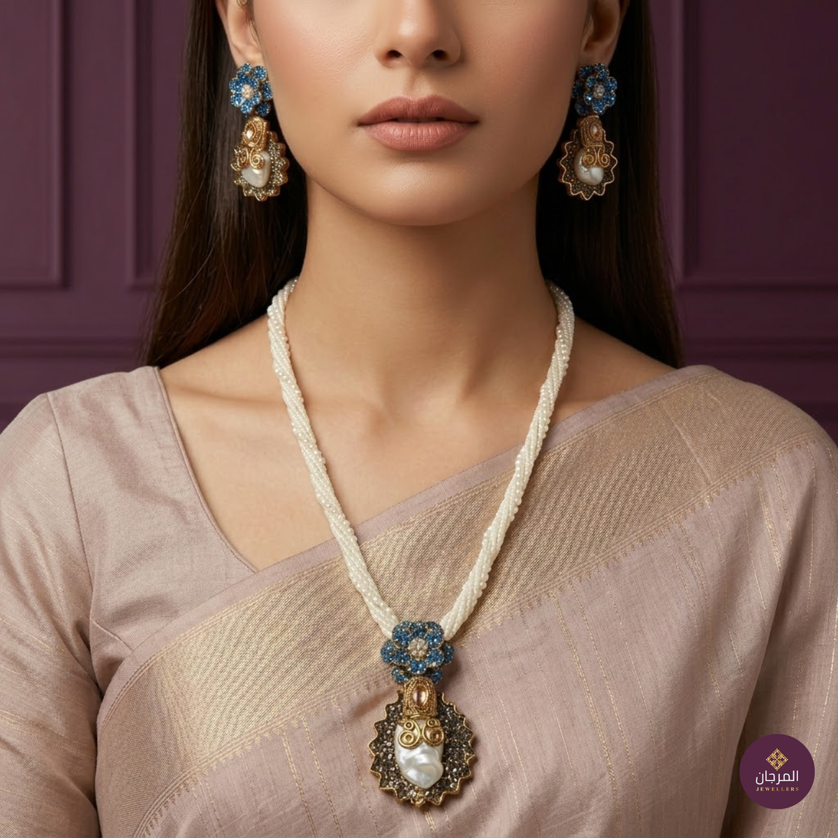 Turkish Blue Pearl Pendant Mala Set