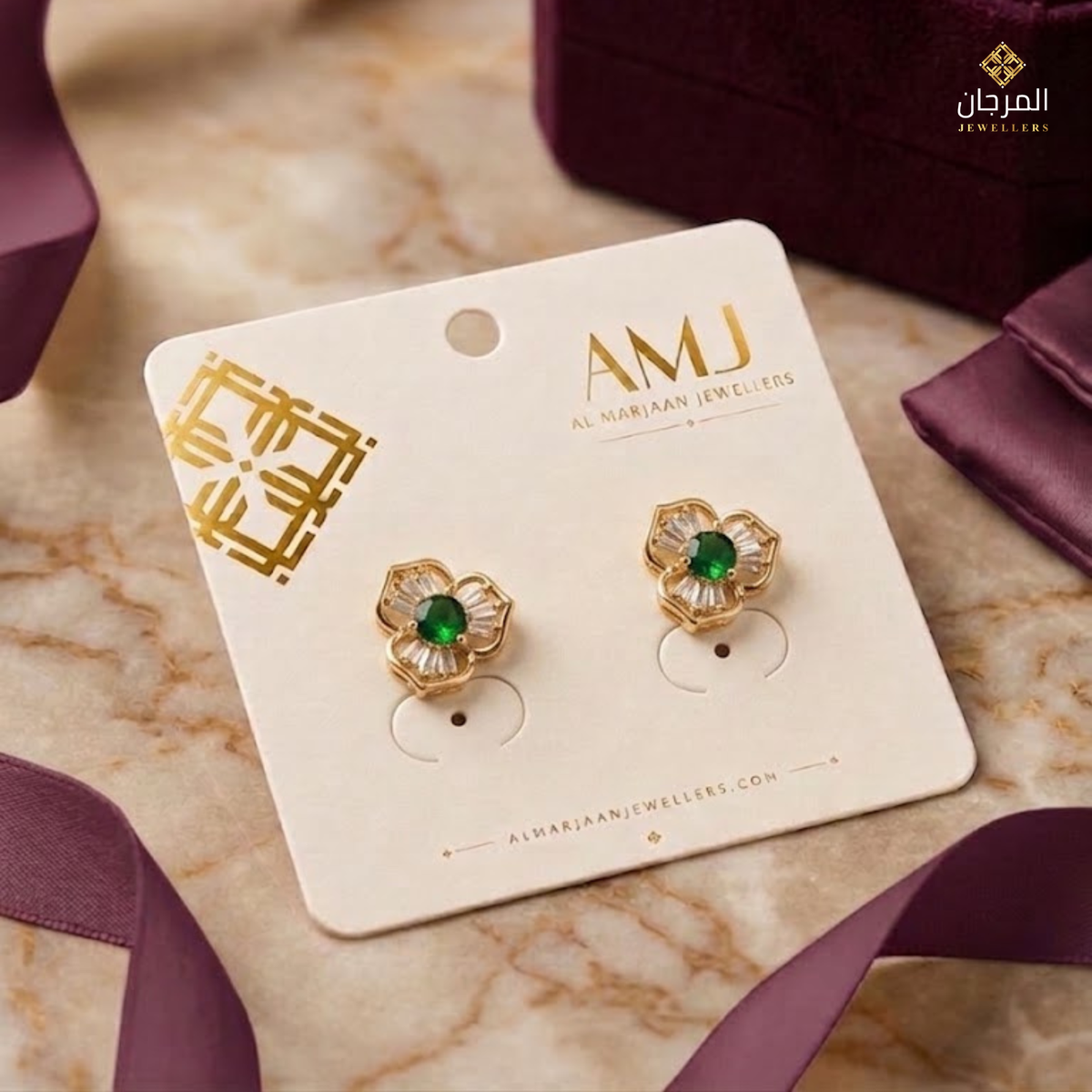 Emerald Floral Petal Zirconia Stud Earrings