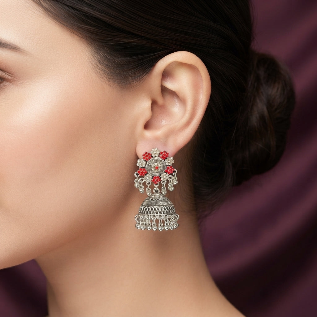Sunburst Red Floral Oxidised Jhumka Earrings