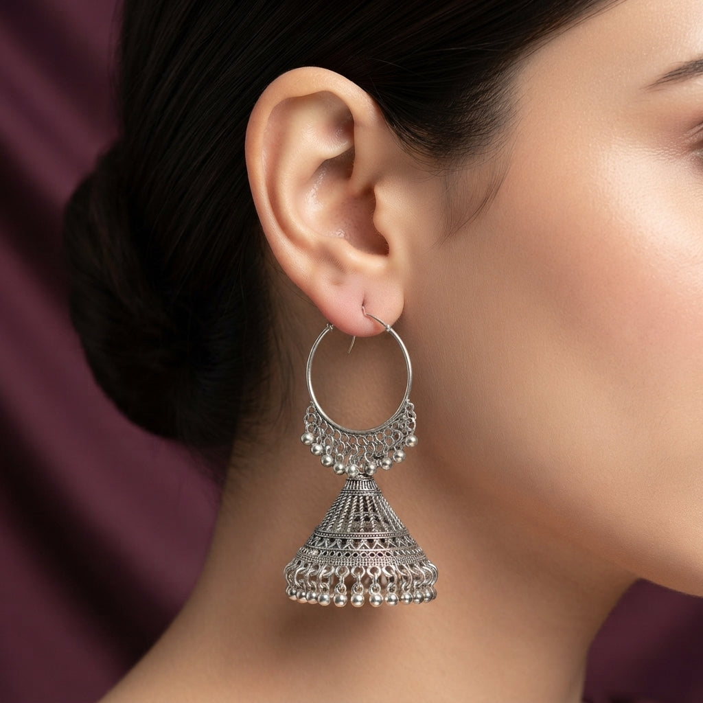 Silver Hoop Jhumka Earrings