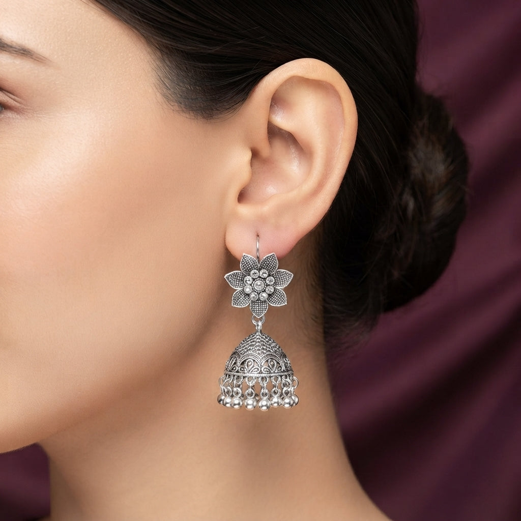 Textured Sunflower Oxidised Silver Jhumka Earrings