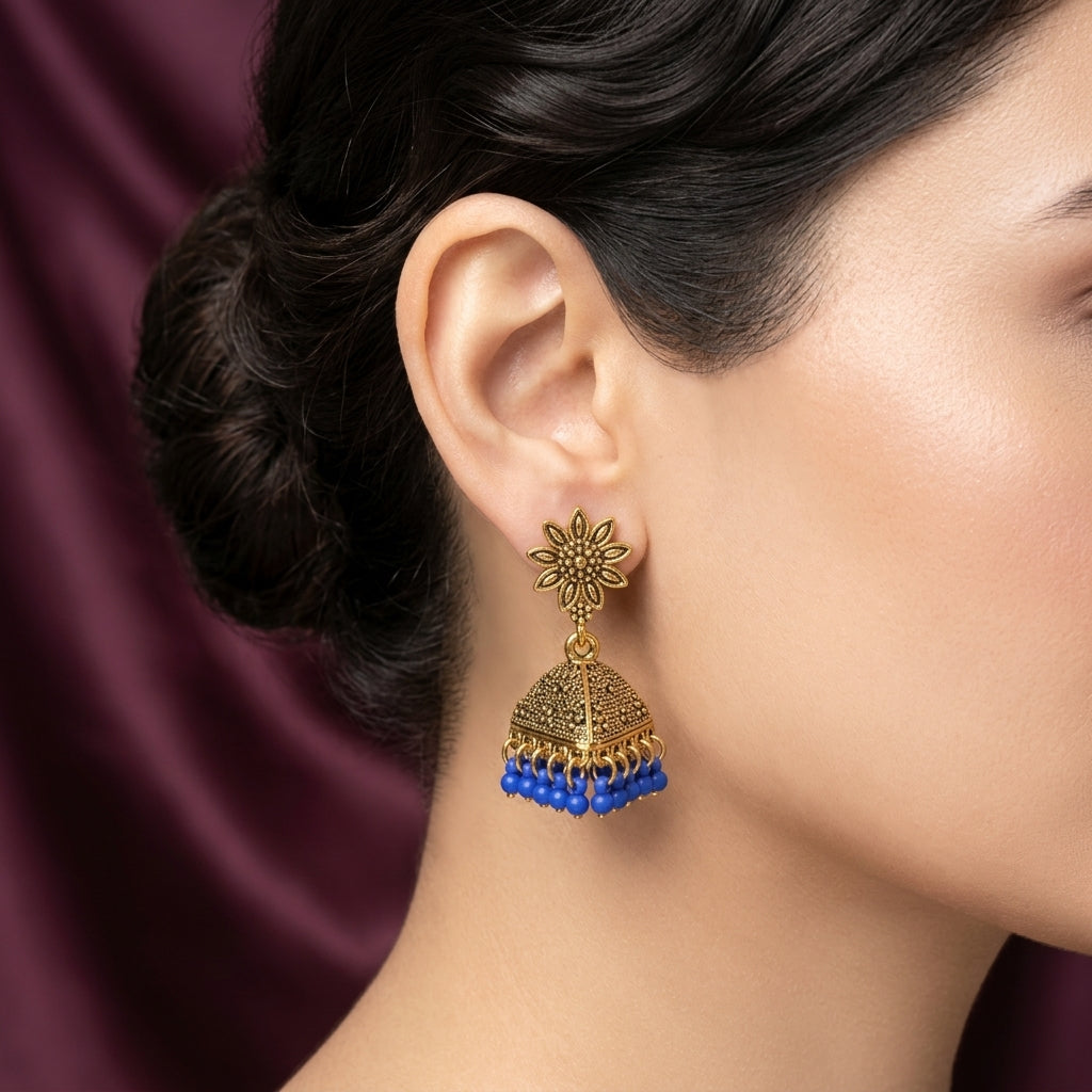 Textured Floral Pyramid Gold Jhumka Earrings