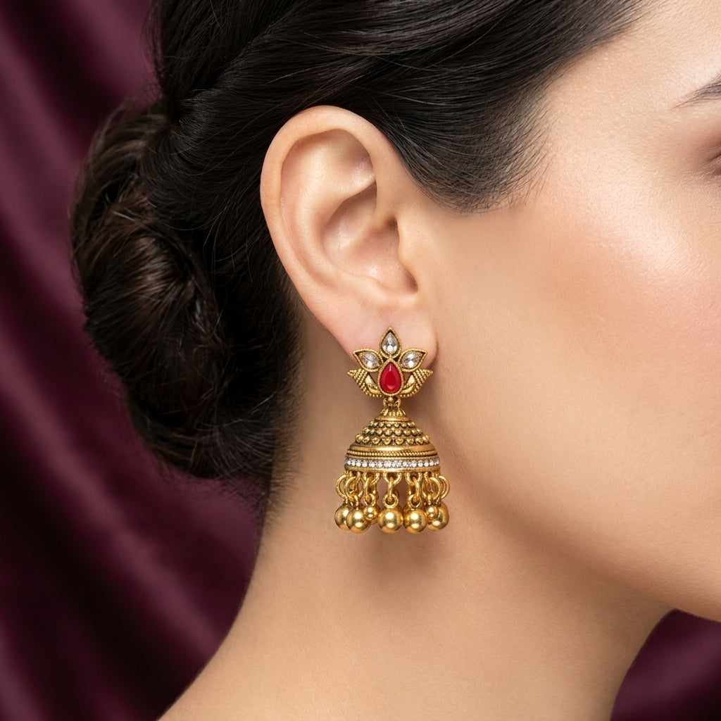 Antique Lotus Ruby Gold Jhumka Earrings
