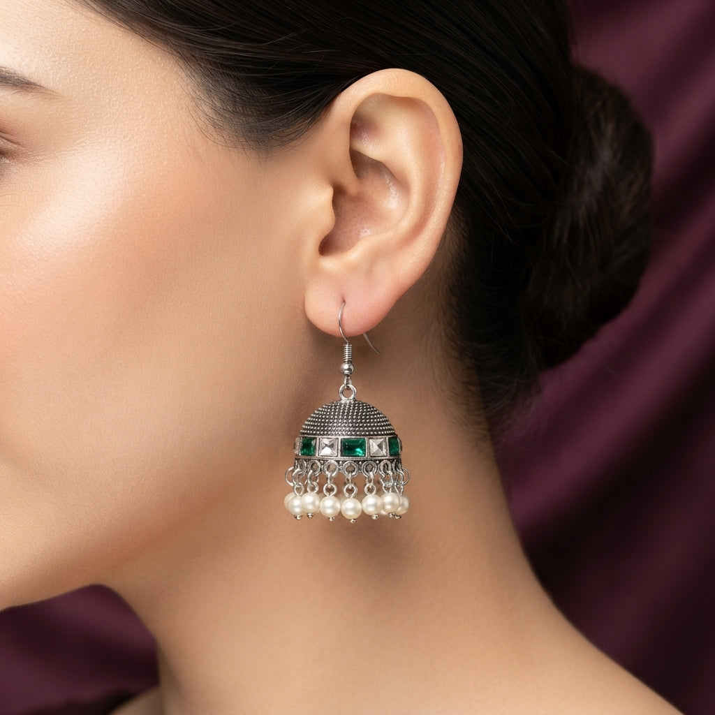 Geometric Gemstone Jhumka Earrings