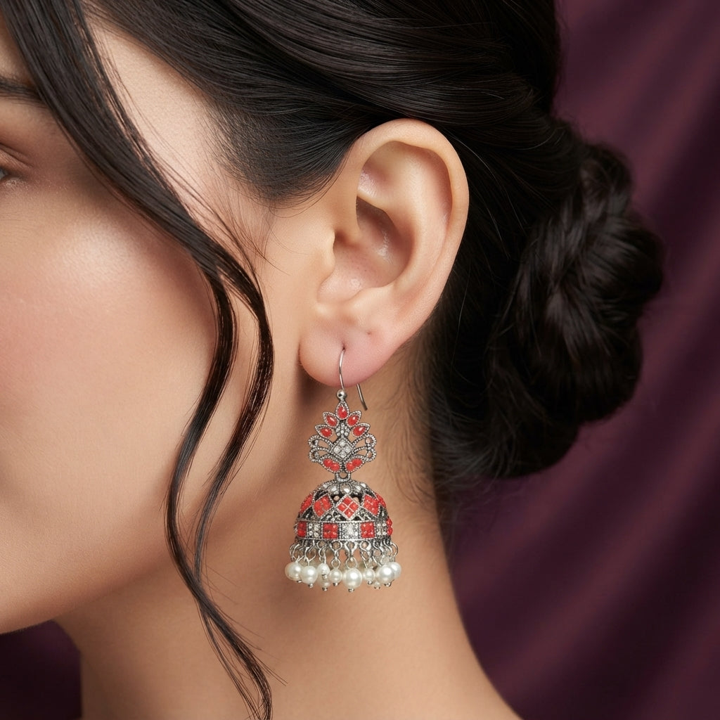 Ornate Ruby Red Jhumka Earrings