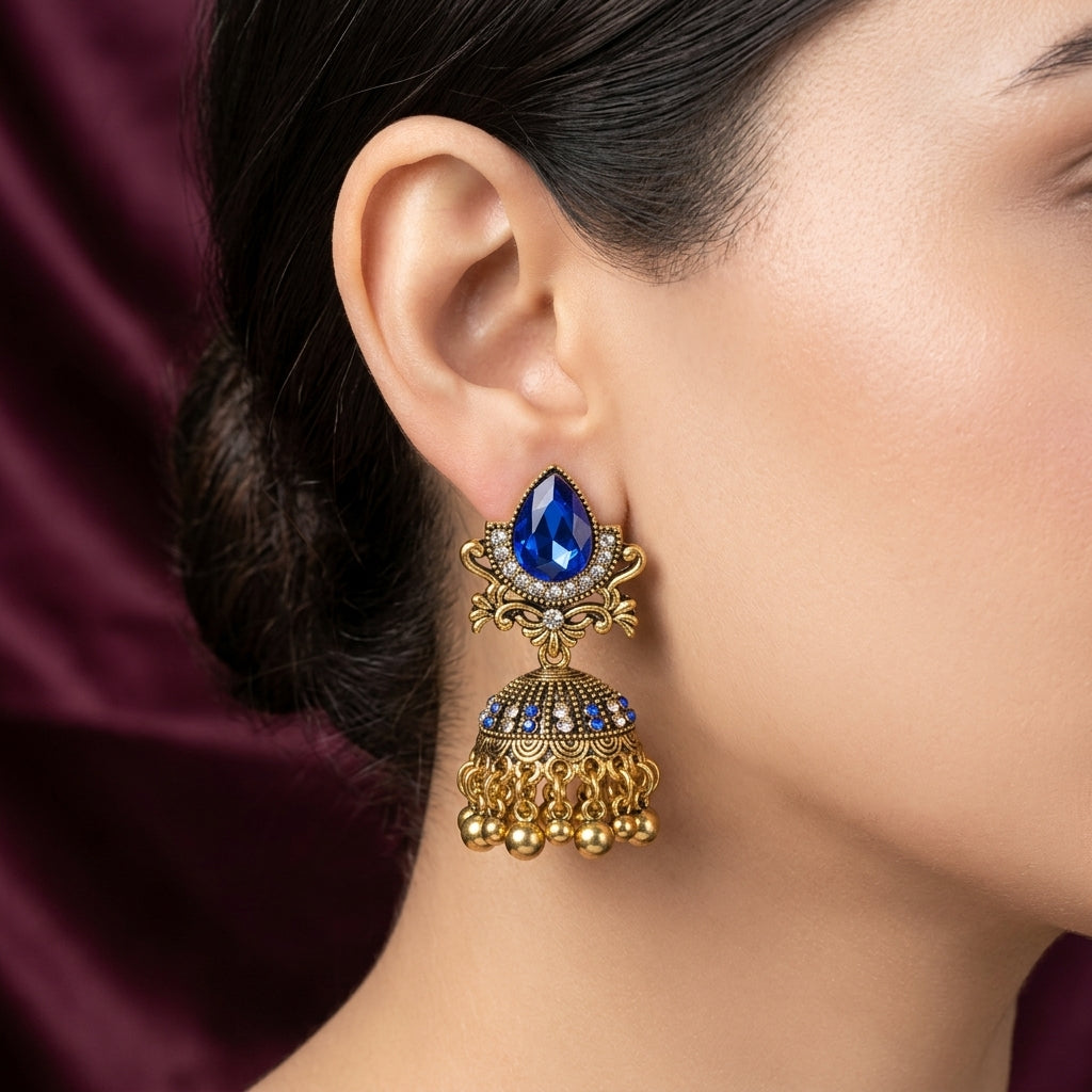 Royal Sapphire Teardrop Antique Gold Jhumka Earrings