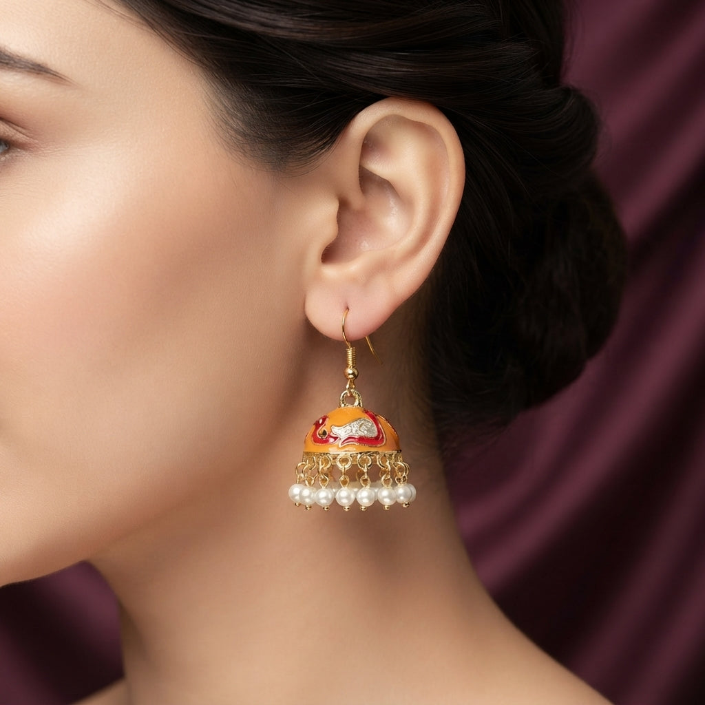Peacock Meenakari Enamel Pearl Jhumka Earrings