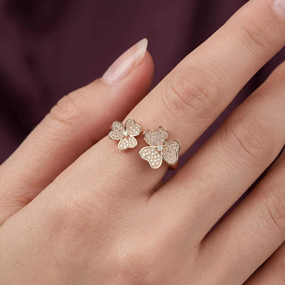 Dual Clover Pave Zirconia Open Free Size Ring
