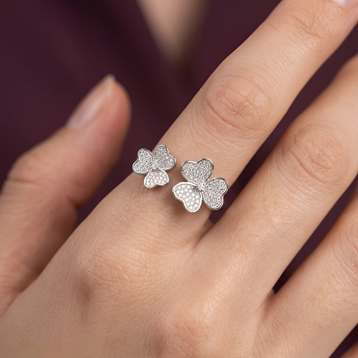 Dual Clover Pave Zirconia Open Free Size Ring