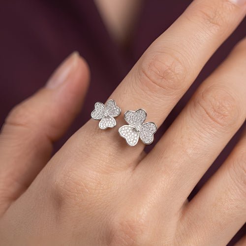 Dual Clover Pave Zirconia Open Free Size Ring