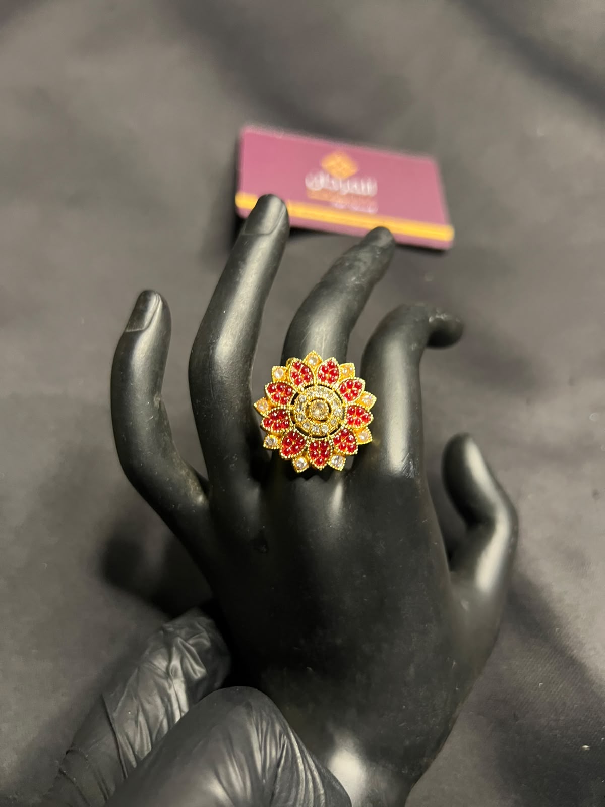 Red Floral Gold Statement Ring
