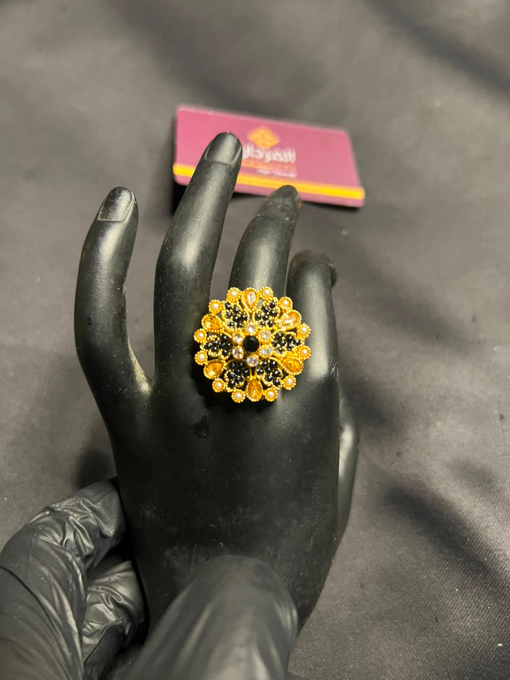 Golden Black Floral Statement Ring