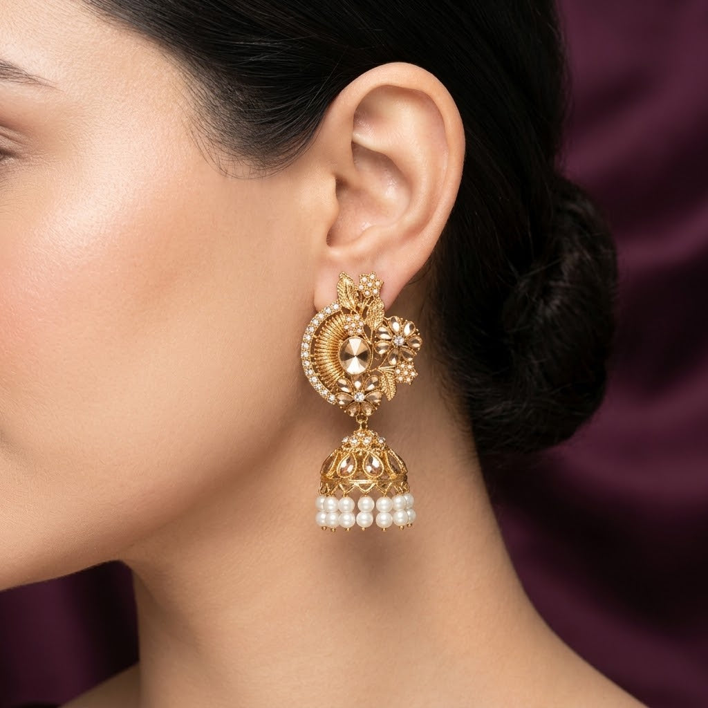 Royal Crescent Floral Kundan Jhumka Earrings