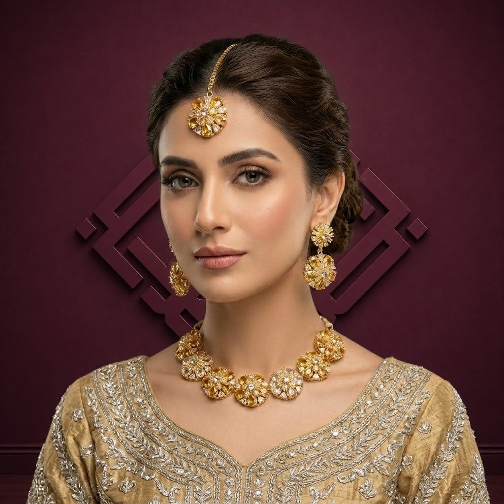 Golden Floral Crystal Necklace Set
